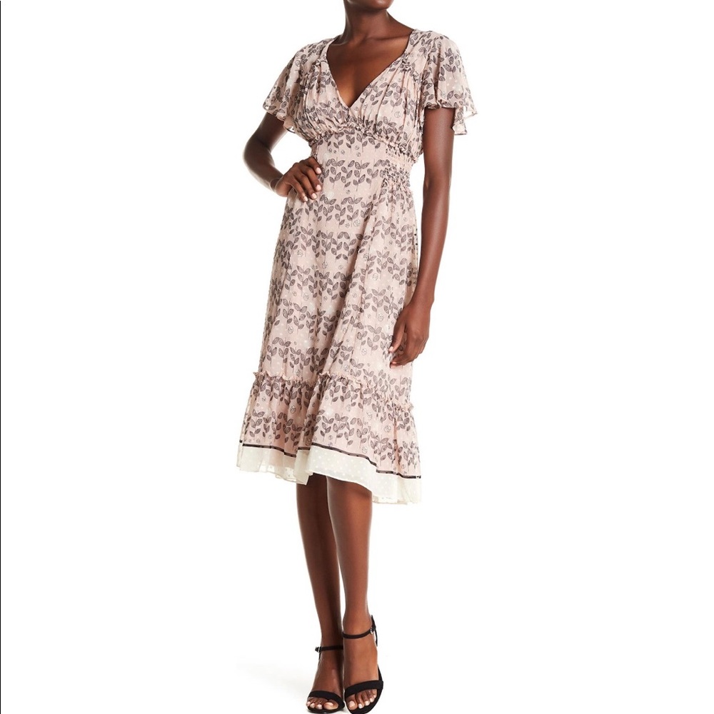 Max Studio V-Neck Flutter Sleeve Midi Dress Size M